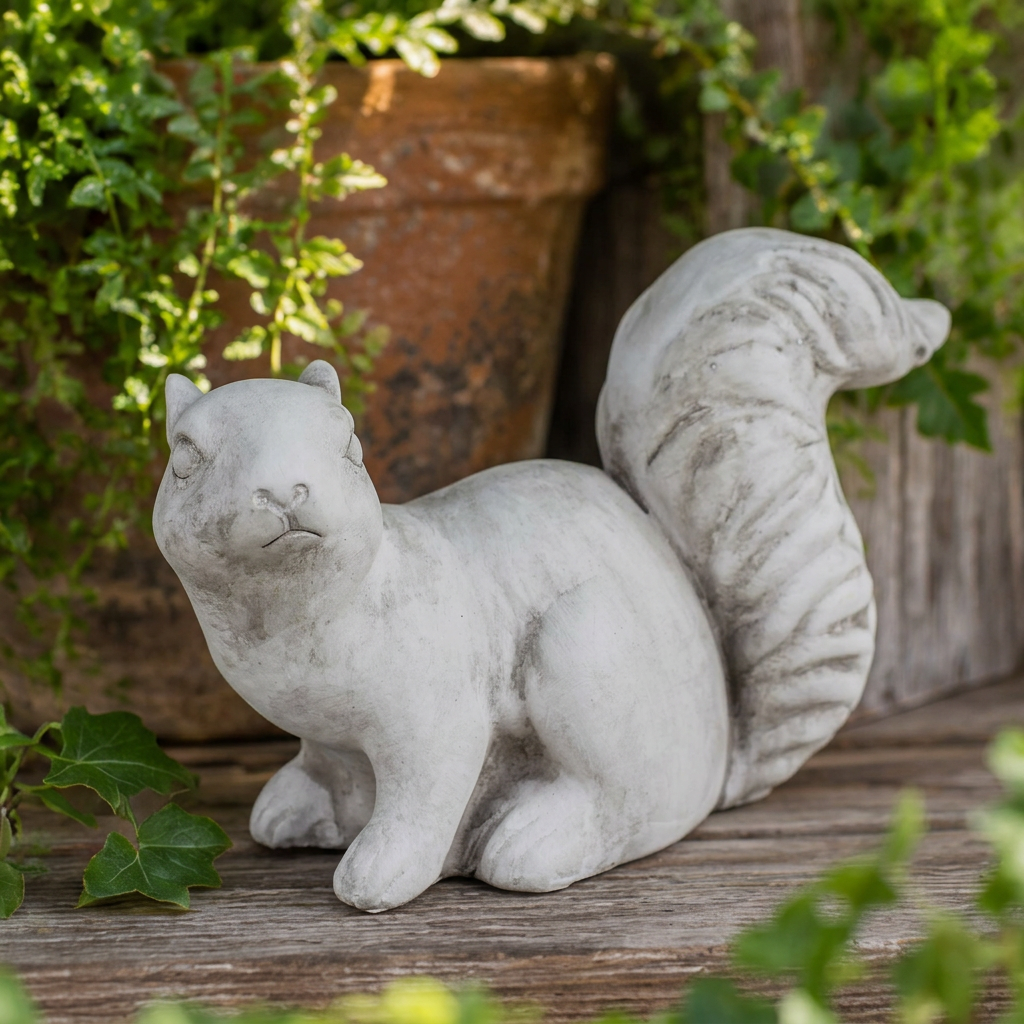 Gray cement reclining squirrel statue with a curled bushy tail on weathered wood among garden greenery