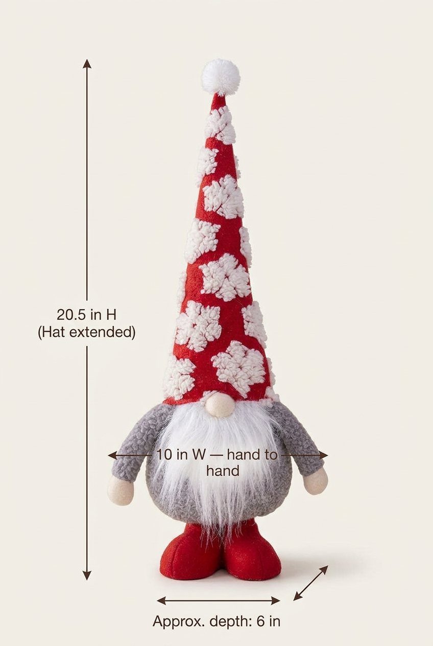 Red Snowflake gnome with measurements indicating 20.5 inches tall with hat extended, 10 inches wide from hand to hand, and approximately 6 inches deep.