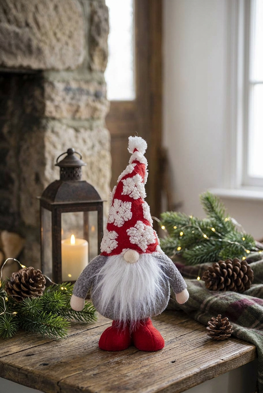 Red Snowflake Christmas gnome with a white pom-pom hat, gray knit body, white beard, and red feet on a rustic wooden table beside a lantern and evergreen branches.
