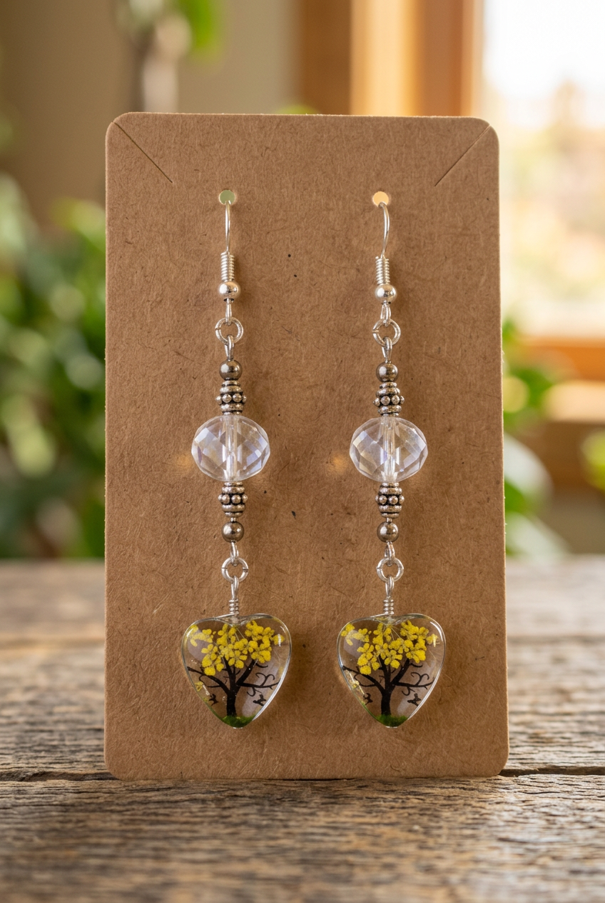 Handmade dangle earrings with clear faceted beads and yellow tree heart pendants displayed on a kraft jewelry card