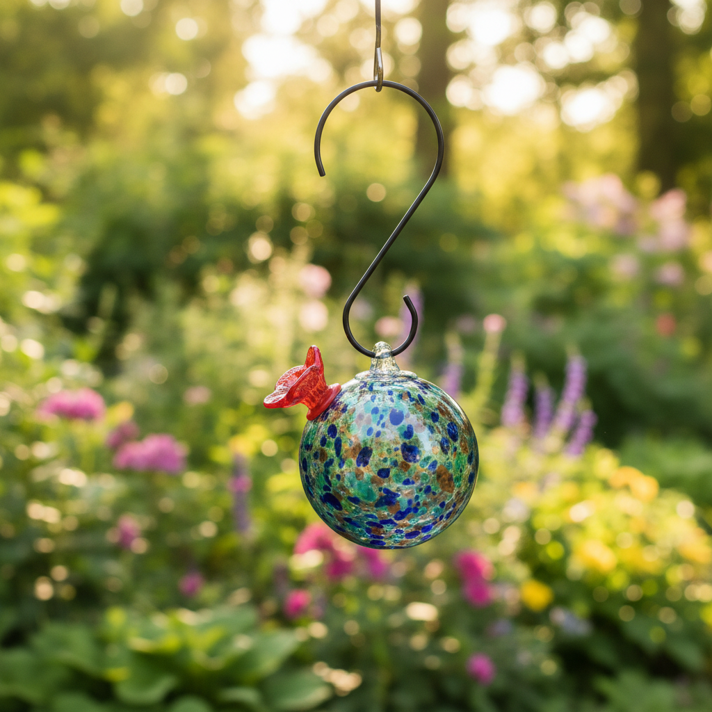 Round turquoise art glass hummingbird feeder hanging in lush garden setting with warm natural light