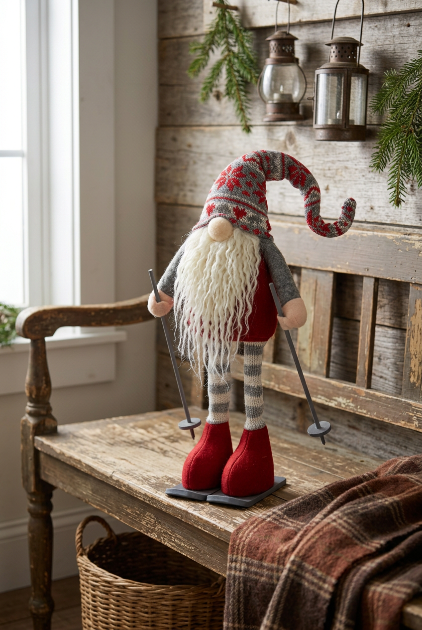 Skiing Gnome – Red & Gray Knit Hat with Skis & Poles
