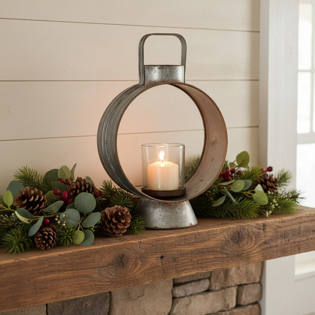 Small workman's lantern styled on a rustic farmhouse mantelpiece with greenery and pine cones, warm candlelight glowing inside glass chimney
