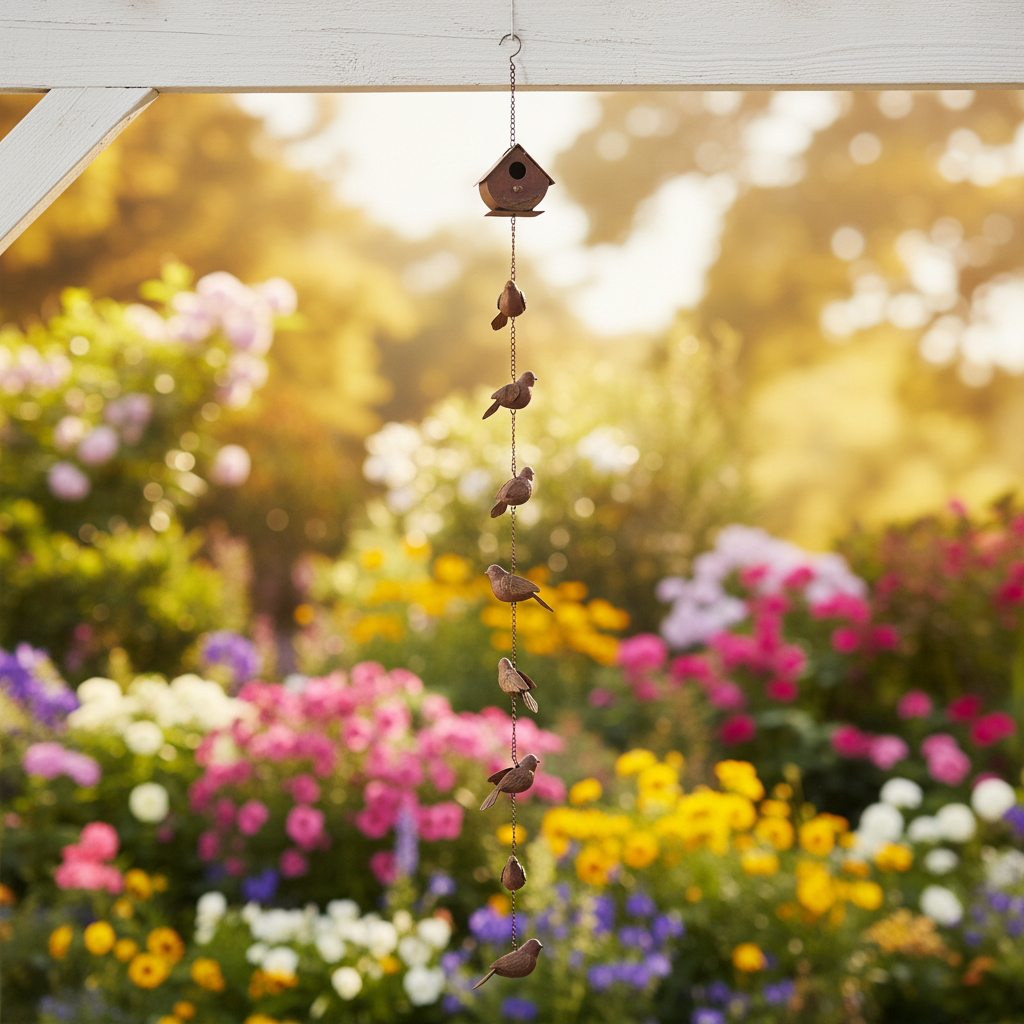 Sparrow rain chain full length hanging from a white porch beam in bright sunlight with blooming garden flowers in the background, showing birdhouse topper and all cascading metal sparrow figures, 70 inches long
