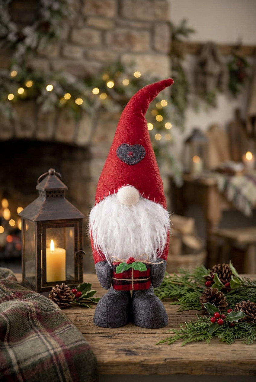 Standing Christmas gnome with a red heart-patch hat, white beard, and holly-trimmed gift on a rustic wooden table beside a lantern and evergreen branches.