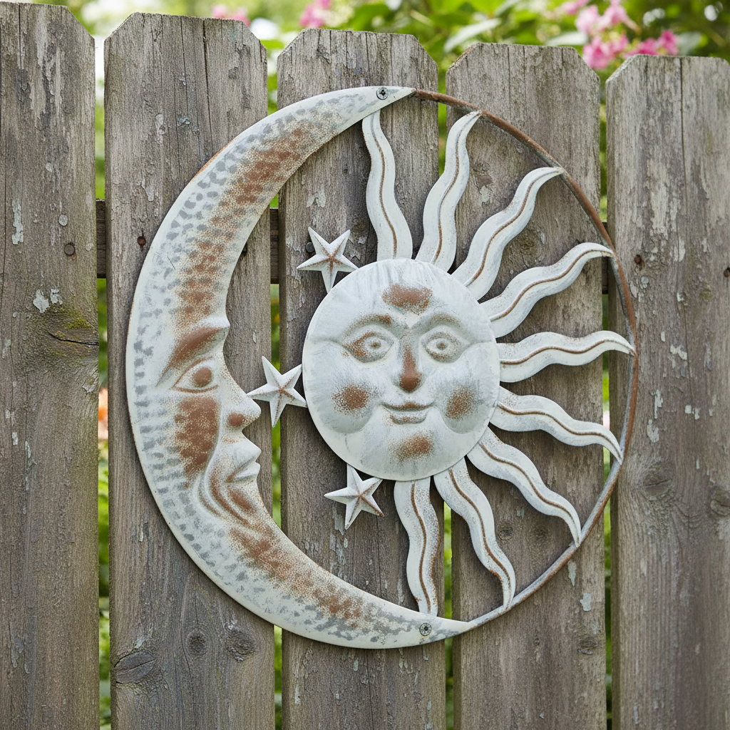 Sun and moon art close-up on fence
