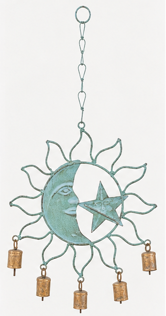 Teal patina sun-and-moon wind chime with a crescent moon face, central star, and five brass bells on a white background.
