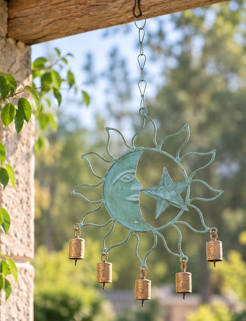 Teal patina sun-and-moon wind chime with five brass bells hanging from a wooden porch beam beside garden greenery.