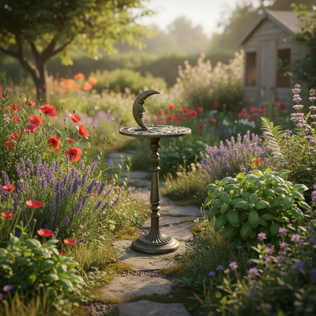 Sundial in charming rustic garden