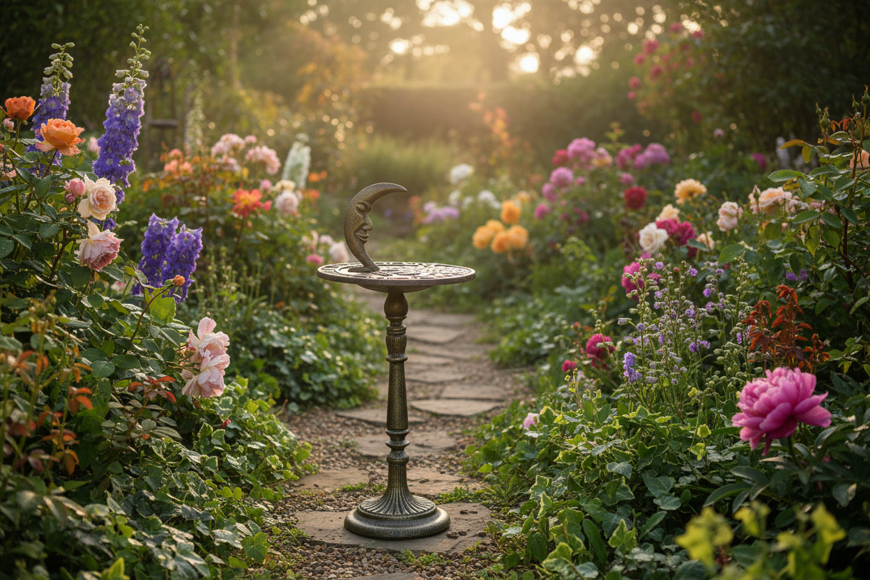Sundial in cottage garden with flowers