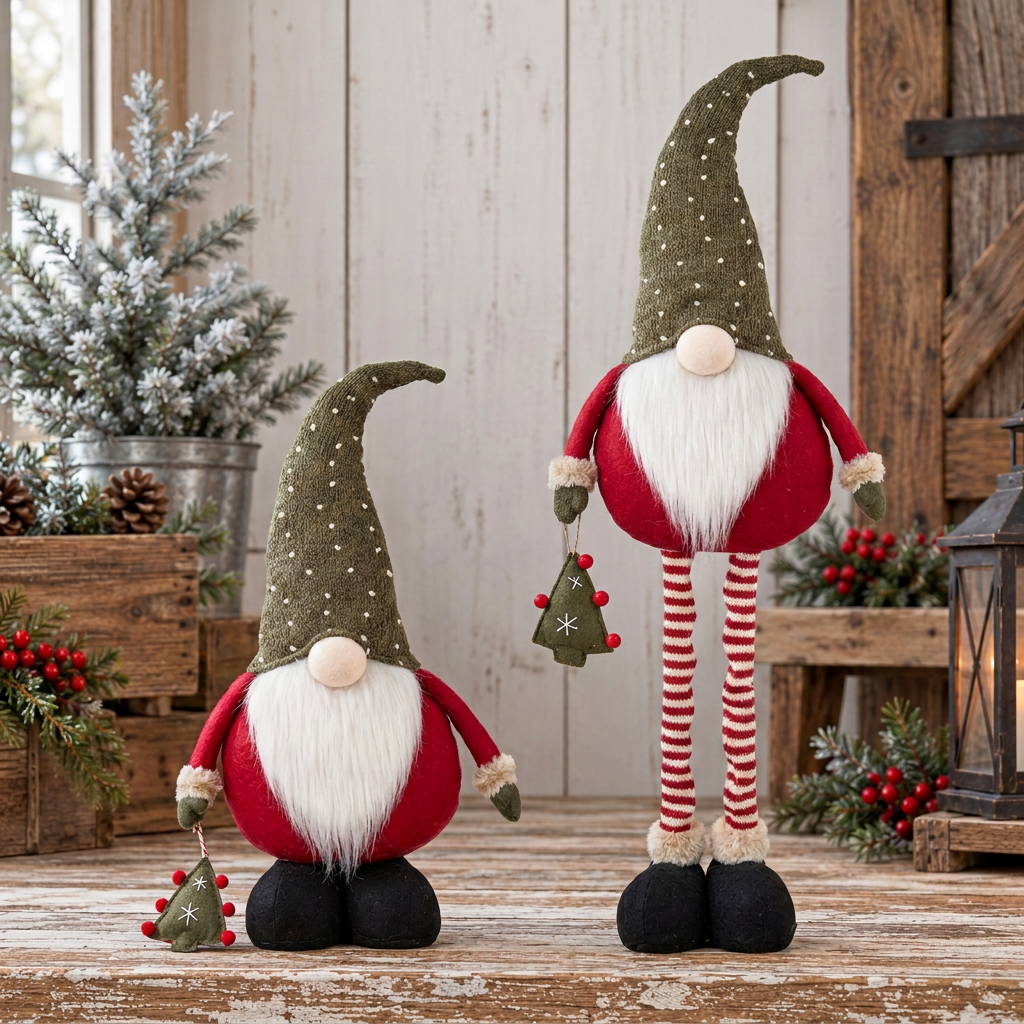 Tree Gift Christmas gnome shown with telescoping legs retracted and extended beside a frosted tree, greenery, red berries, and a lantern