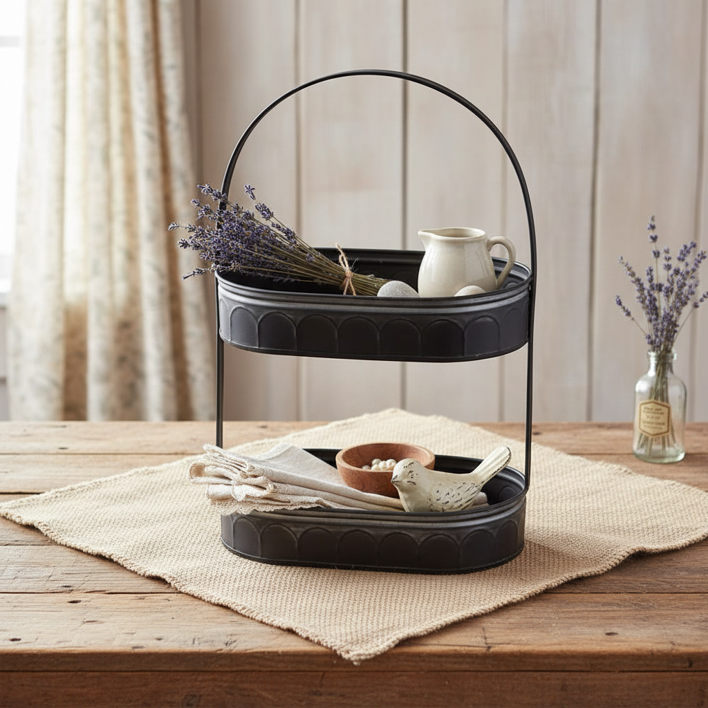 Two-Tiered Corrugated Oval Tray - Clean French Country Style