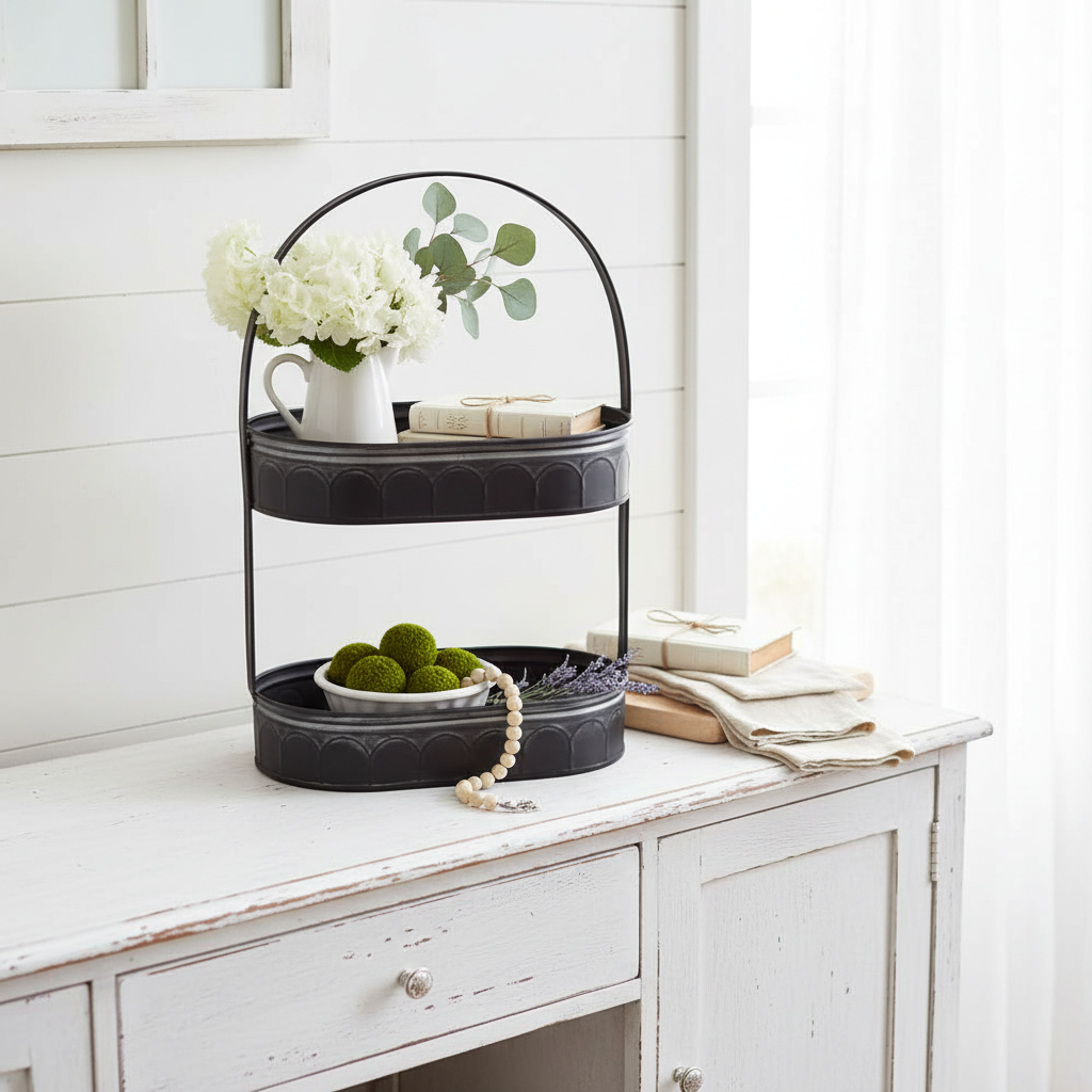 Two-Tiered Corrugated Oval Tray - Light Farmhouse Setting