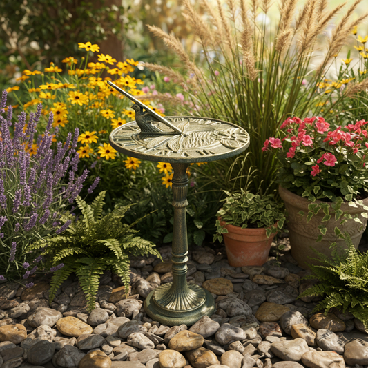 Verdigris Dragonfly Sundial on River Rock with Garden Elements
