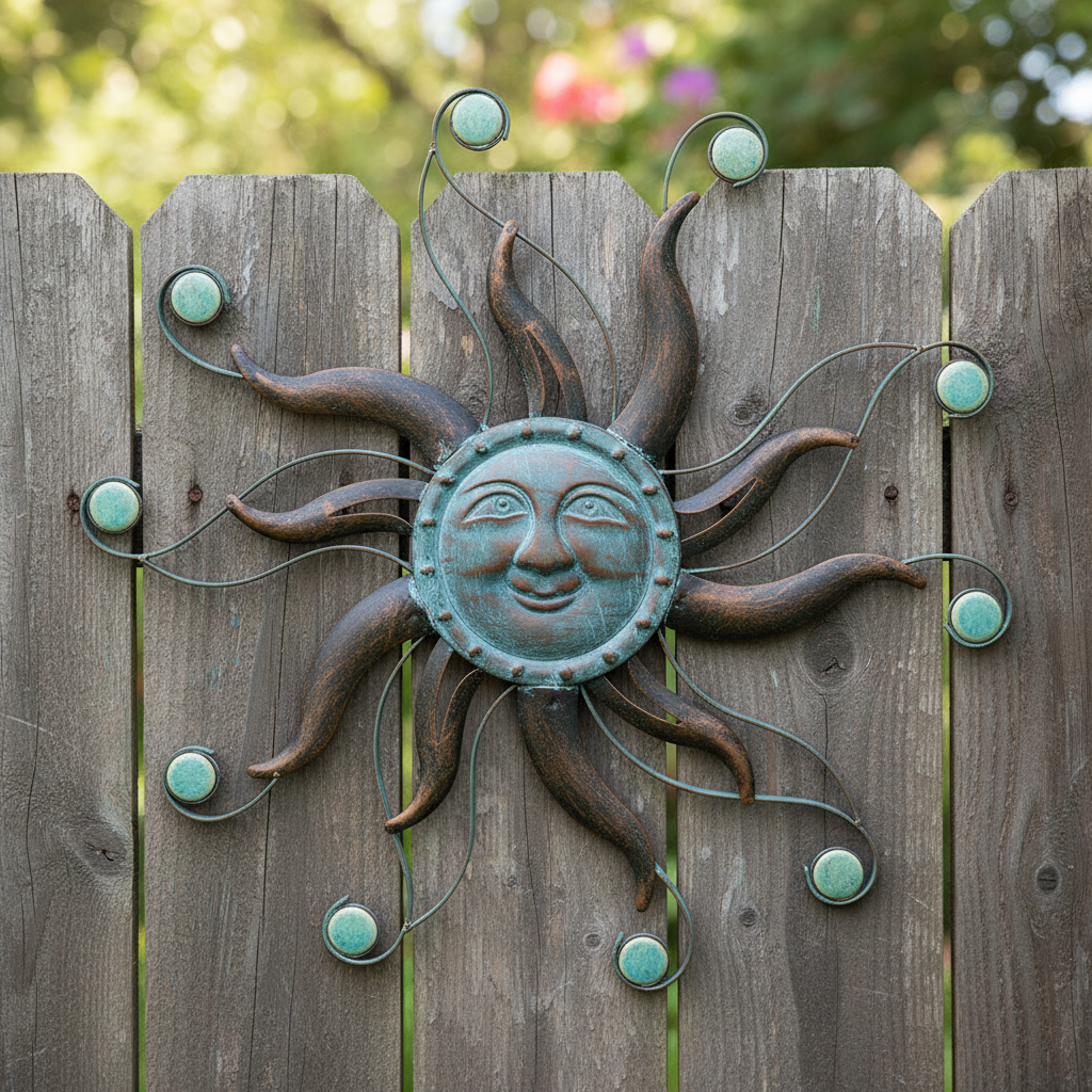 Verdigris sun close-up on wood fence