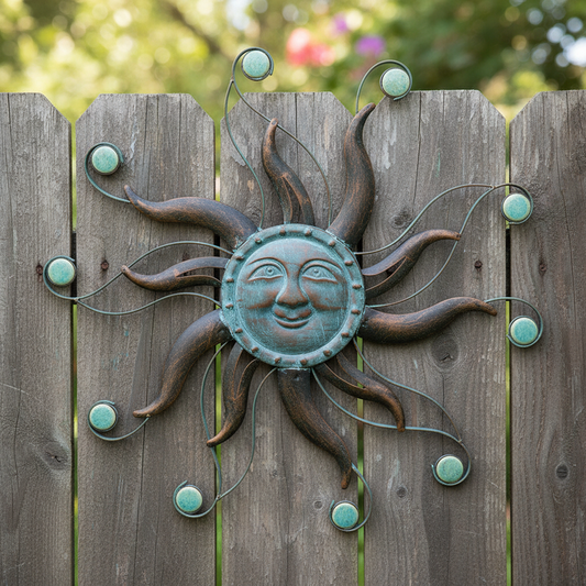 Verdigris sun close-up on wood fence