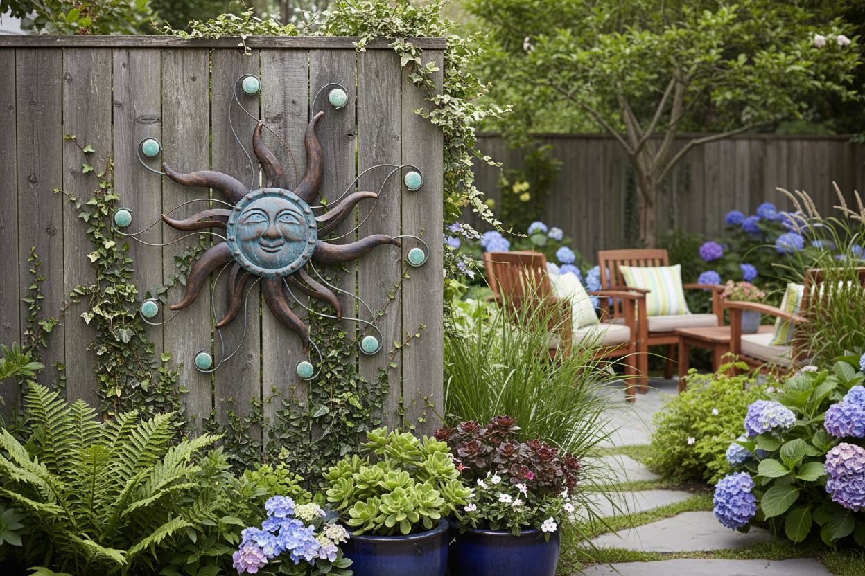 Verdigris sun face in garden