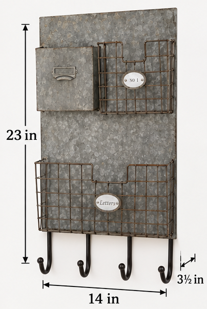 Three-pocket metal wall organizer measuring 14 inches wide, 3½ inches deep, and 23 inches high