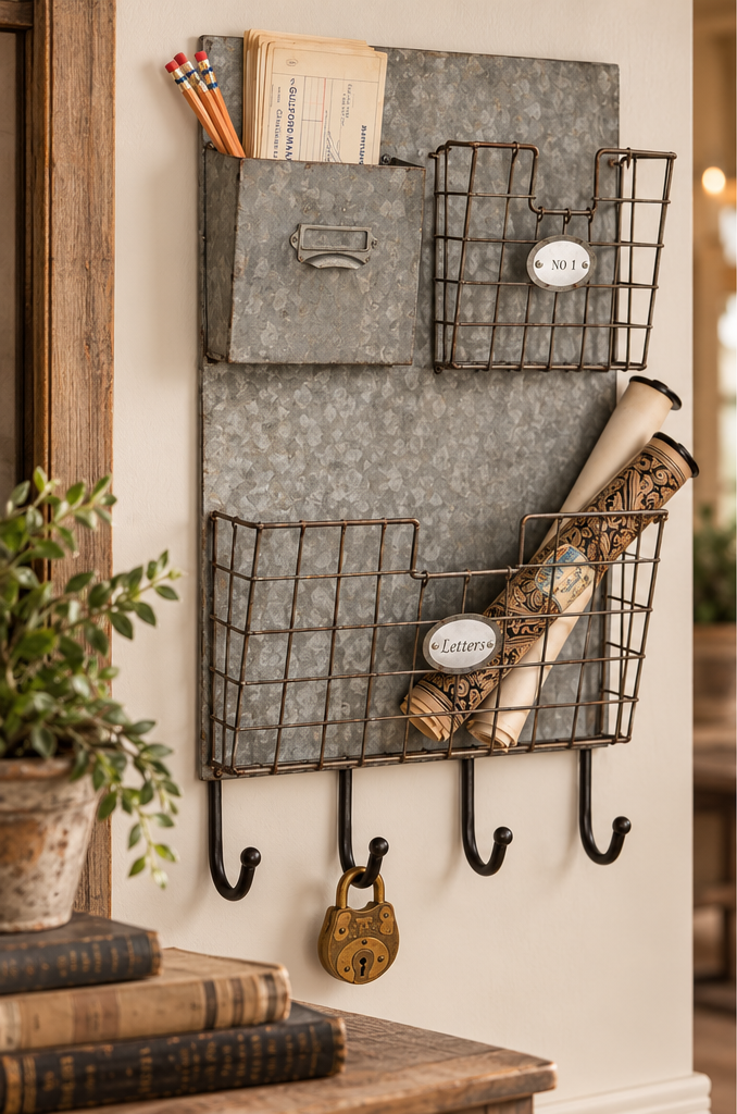 Rustic metal wall mail organizer with three pockets and four hooks, styled with letters and pencils above a wooden table