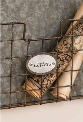 Lower wire basket on rustic wall mail organizer with decorative Letters label and rolled papers