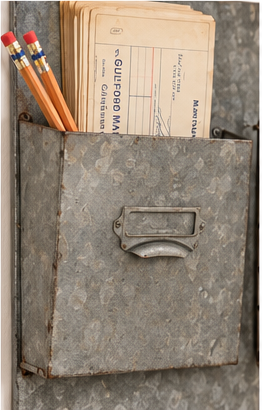 Solid metal storage pocket with label holder, filled with letters and pencils