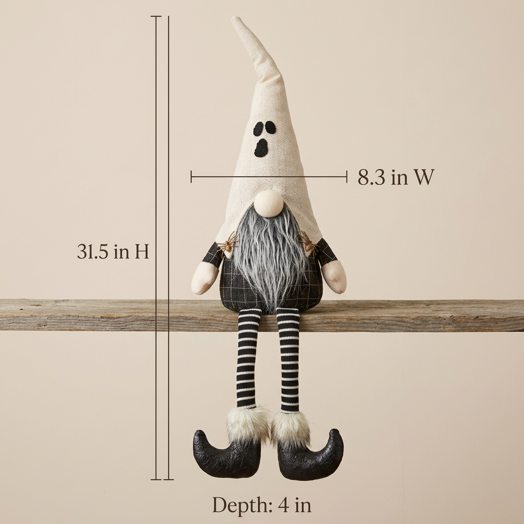 White ghost-hat sitting gnome measuring 8.3 inches wide, 4 inches deep, and 31.5 inches tall.
