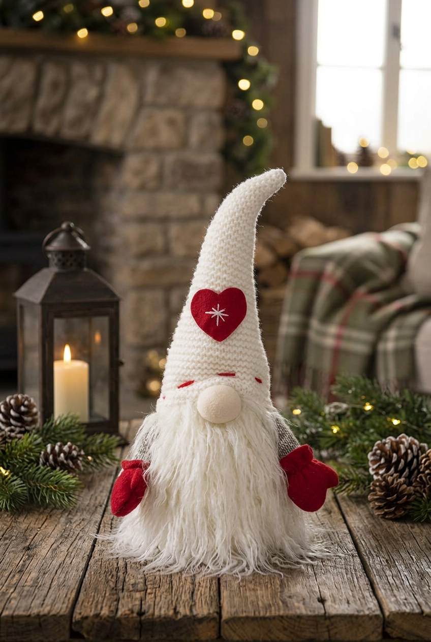 White Heart Christmas gnome with a textured white hat, red heart patch, red mittens, and long white beard on a rustic wooden table beside a lantern and evergreens.