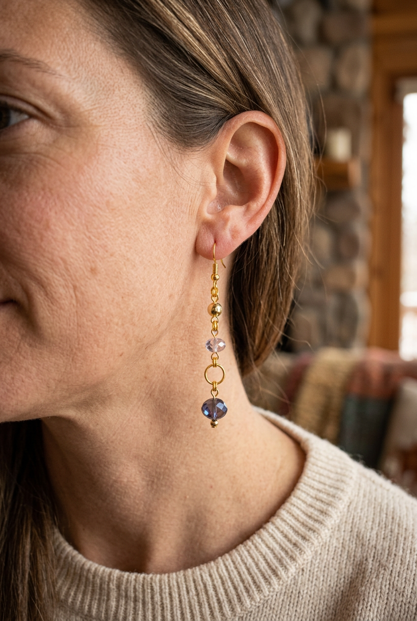 Woman wearing a gold hook dangle earring with lavender and smoky purple glass beads and an open circle link