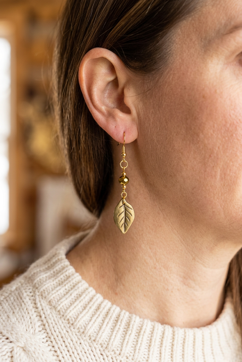 Woman wearing a leaf dangle earring with an antiqued gold-toned leaf charm, amber-gold bead, and gold-plated hook
