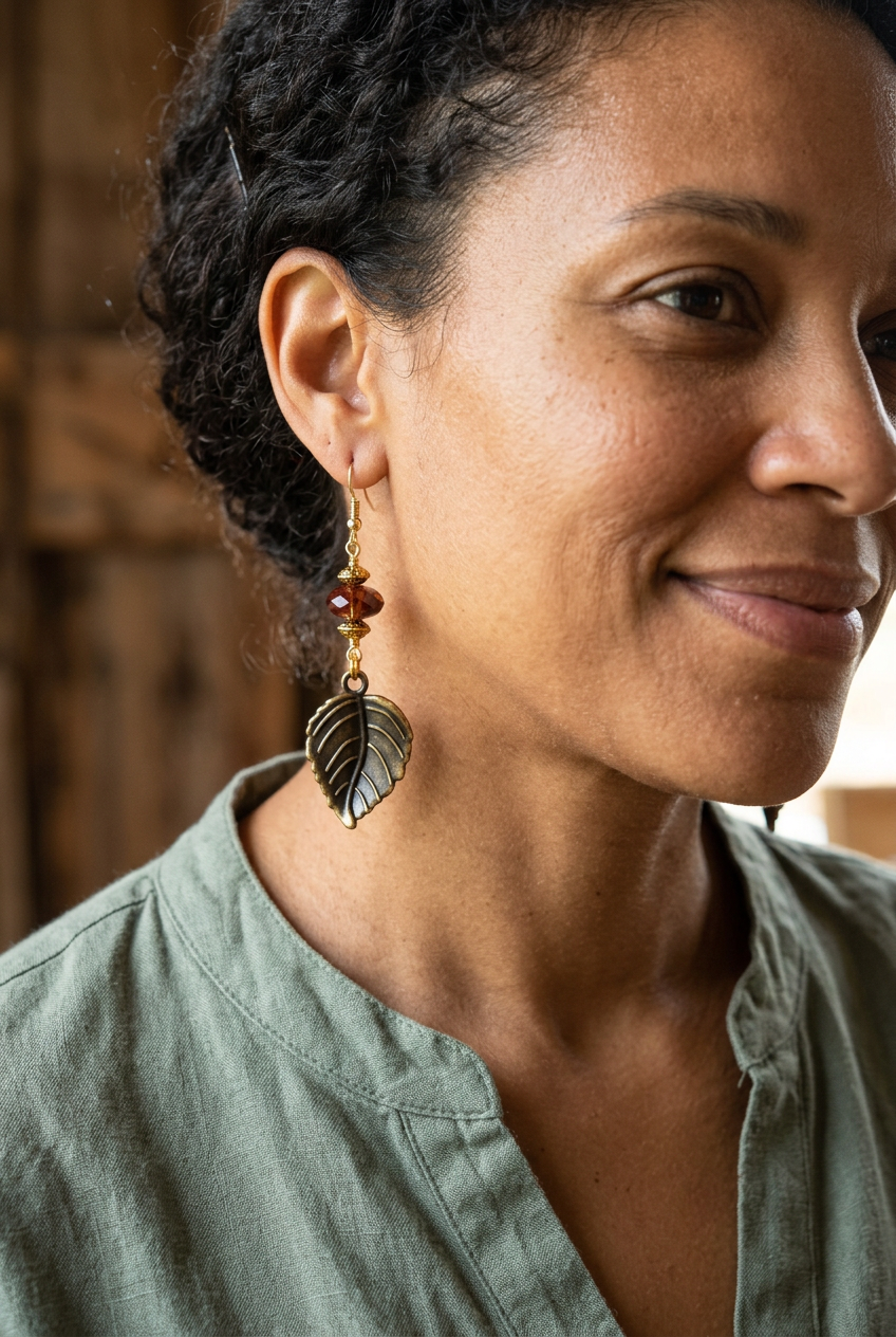 Woman wearing an amber glass bead leaf earring with decorative gold accents and a gold-plated hook