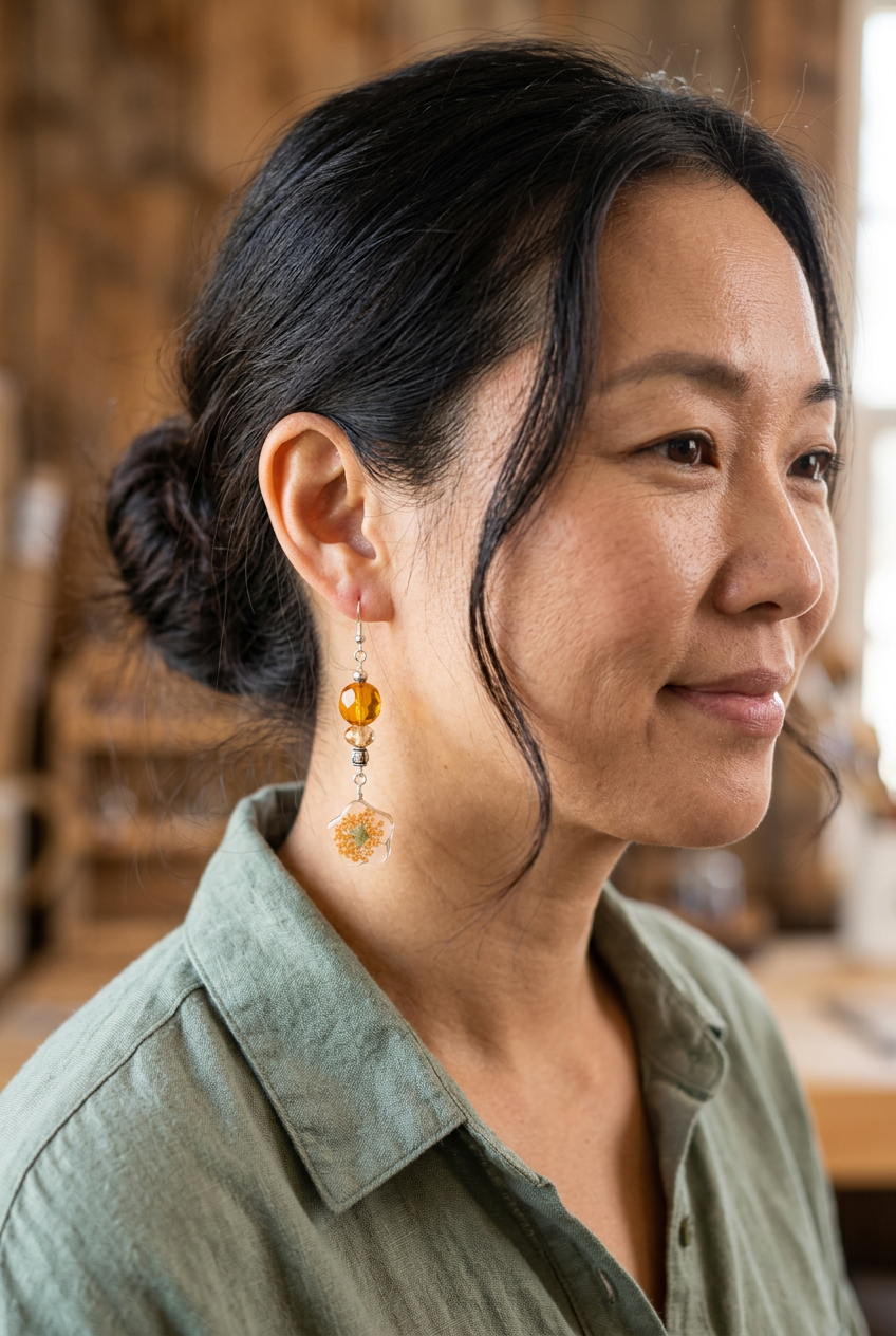 Woman wearing an amber glass bead dangle earring with a tiny flower cluster pendant and sterling silver hook