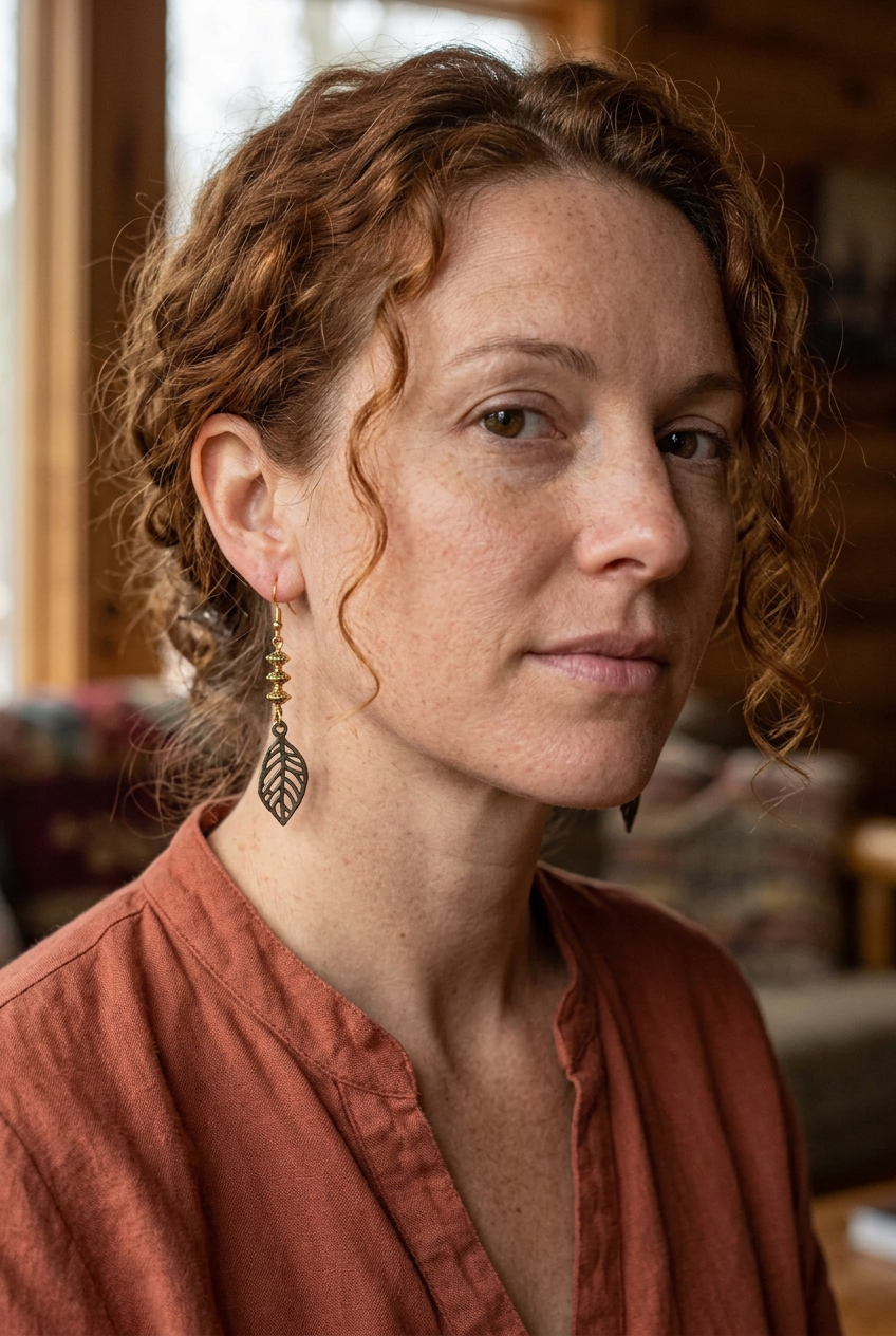 Woman wearing an antiqued openwork leaf dangle earring with three decorative gold beads and a gold hook
