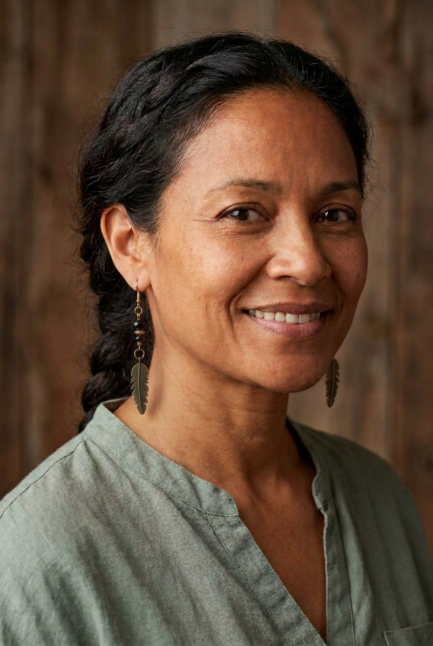 Woman wearing a black bead dangle earring with an antiqued feather charm and gold accents