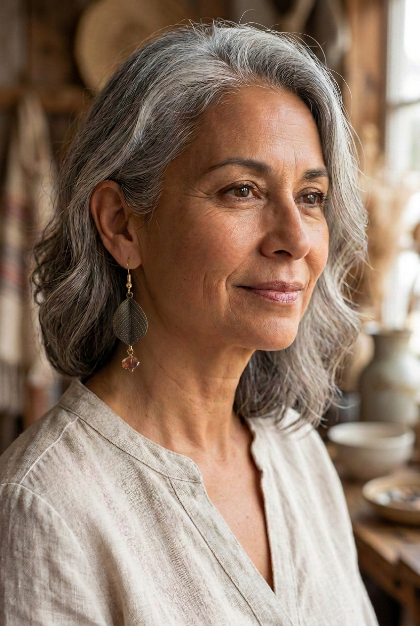 Silver-haired woman wearing an antiqued leaf dangle earring with a rose-amber glass bead drop and gold hook