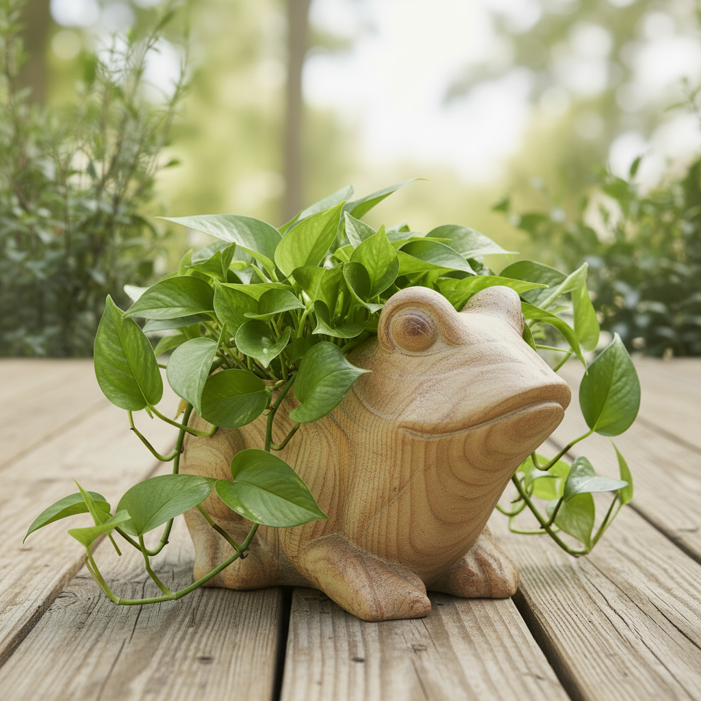 Woodland Whimsy frog planter filled with orange mums on an outdoor patio, showing hand-chiseled wood-grain MGO texture, 12.5 inches tall