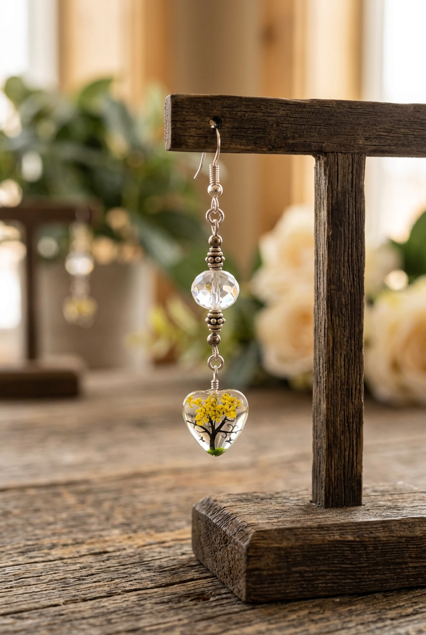 Clear faceted bead earring with a yellow tree heart pendant hanging from a rustic wooden jewelry stand